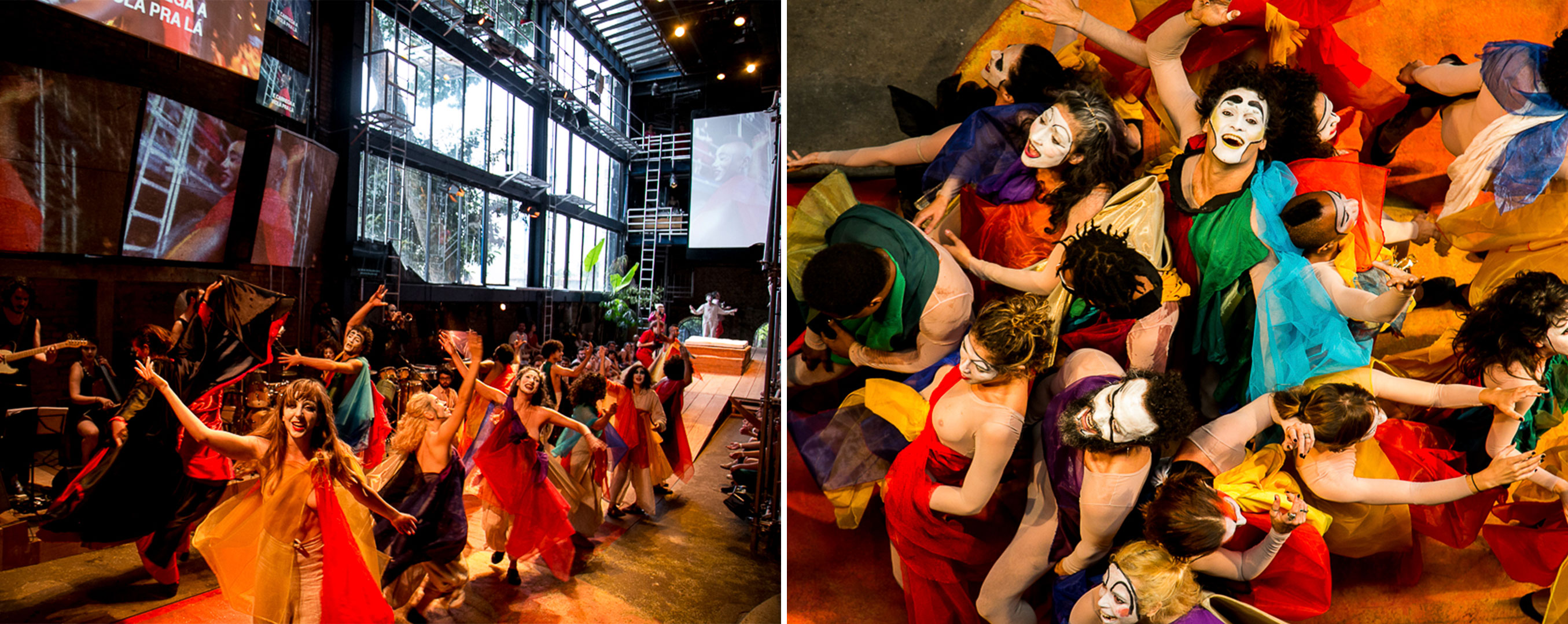 Composi&ccedil;&atilde;o com duas fotos, uma de atores performando vistos de frente e a seguinte dos atores vistos de cima.