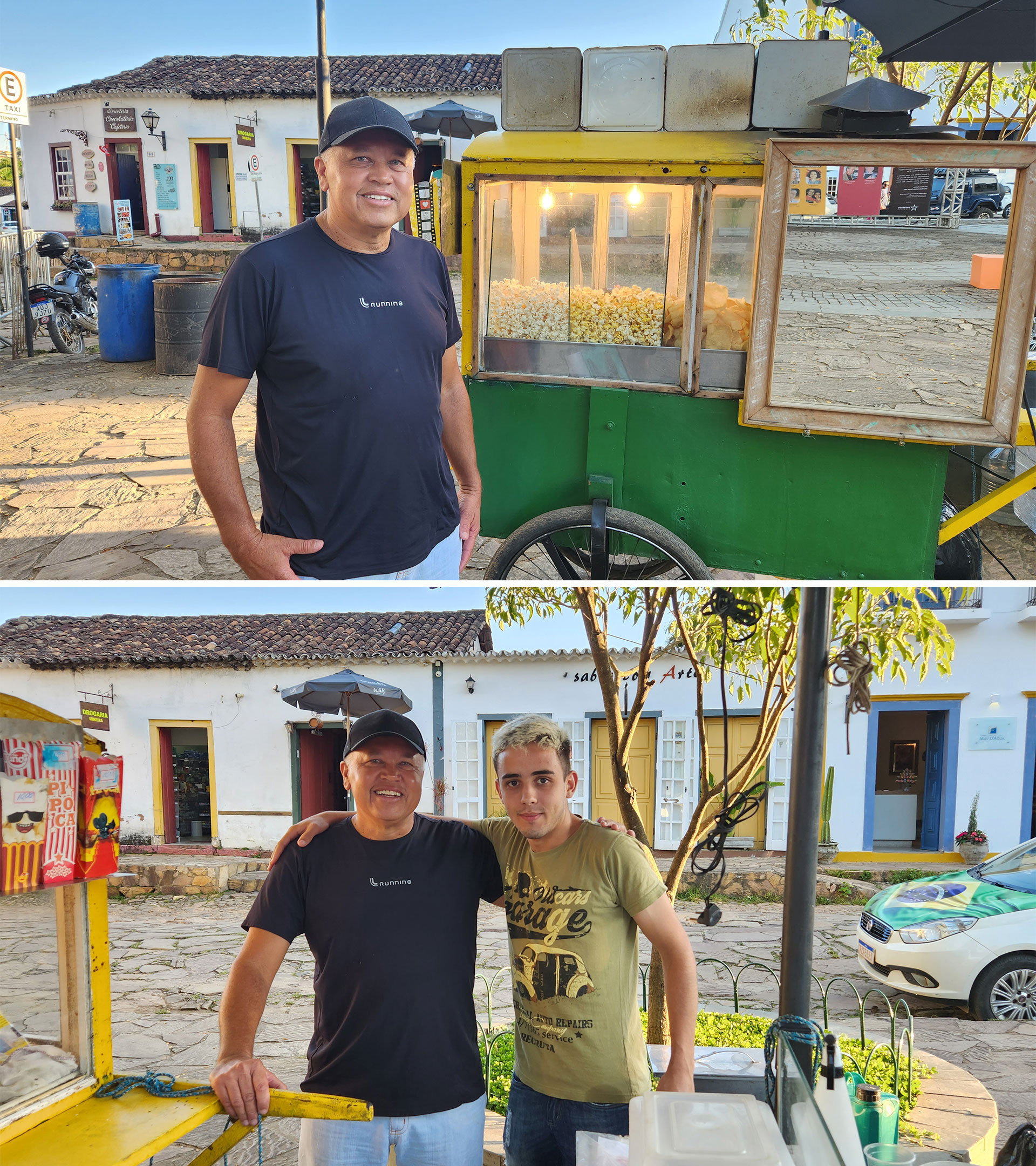 Duas fotos, uma de Jos&eacute; Fernandes sozinho ao lado de uma pipoqueira. Na segunda Jos&eacute; Fernandes est&aacute; acompanhado de Pedro.
