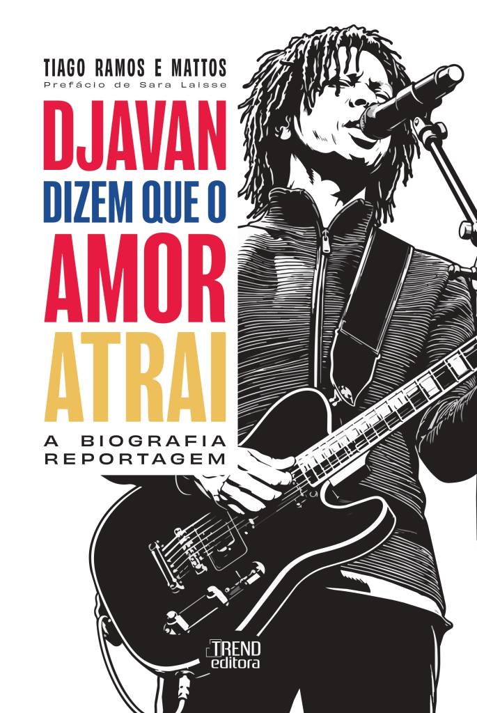 Ilustra&ccedil;&atilde;o em preto e branco de Djavan com dreadlocks, cantando em um microfone e tocando guitarra el&eacute;trica. O t&iacute;tulo do livro &eacute; Djavan Dizem que o Amor Atrai