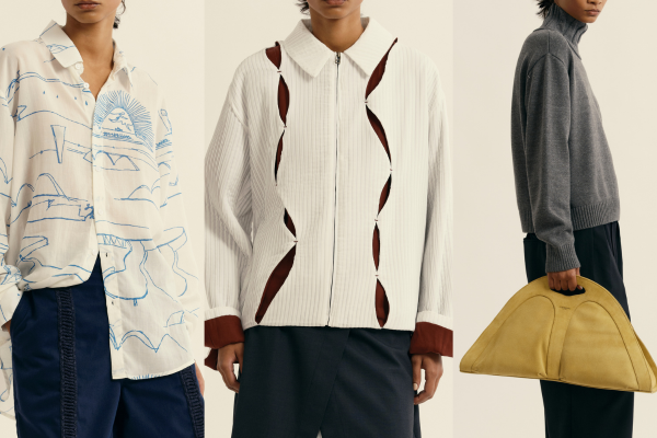 Três modelos exibindo roupas: uma camisa branca com desenhos azuis, uma jaqueta branca com recortes e uma blusa cinza de gola alta com bolsa amarela